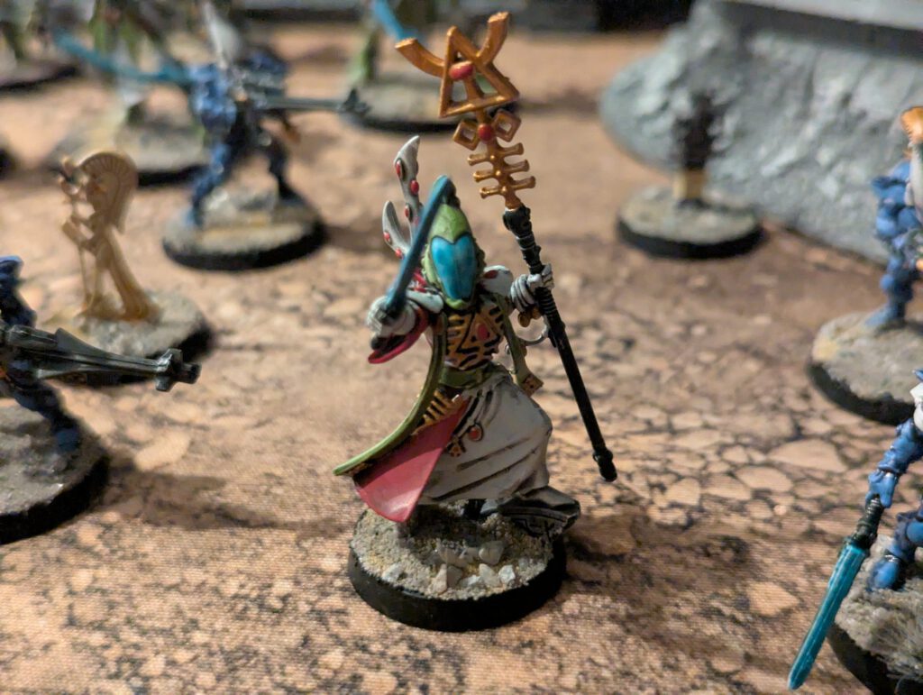 A close up of a painted Aeldari Spiritseer