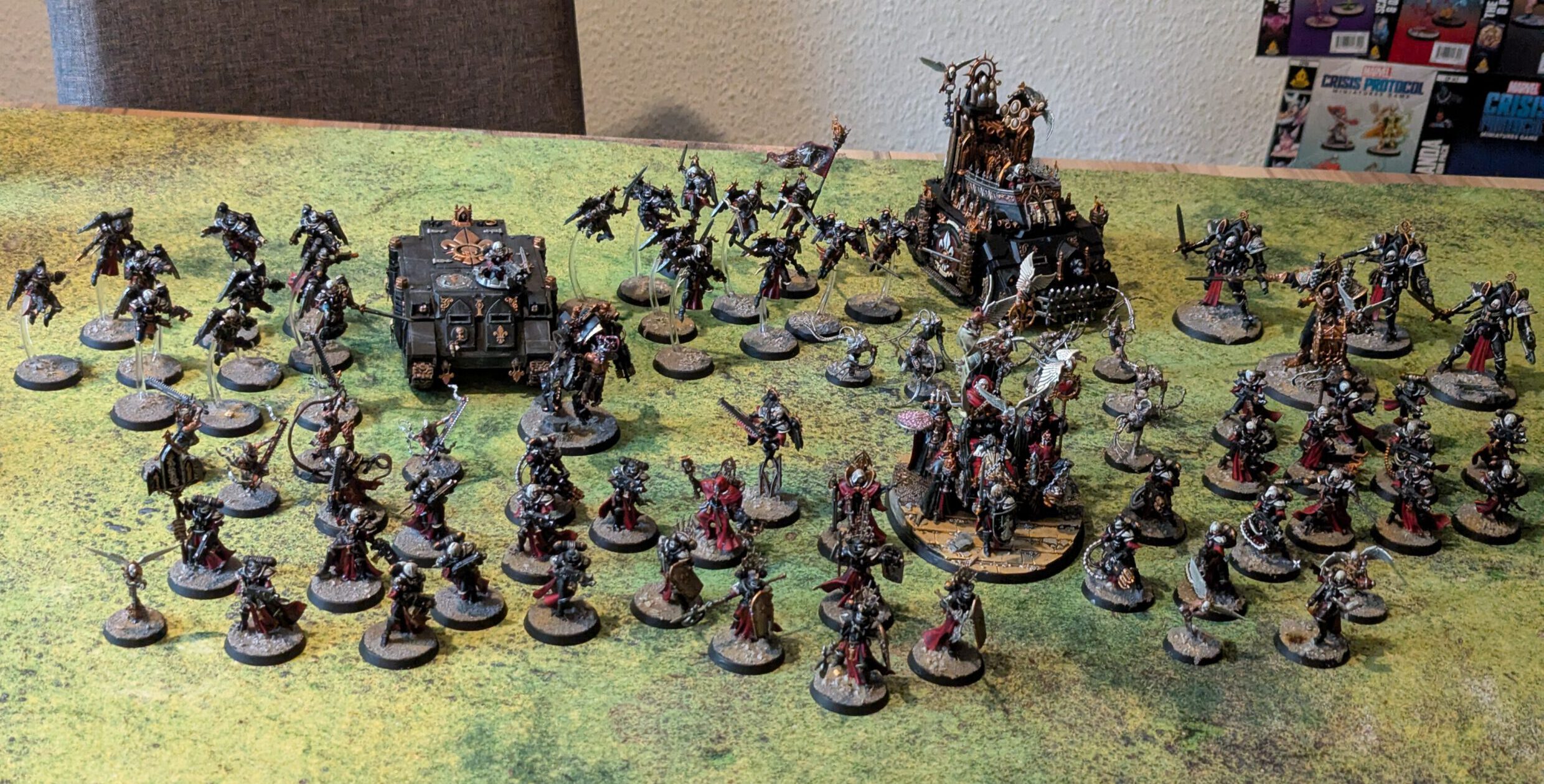 Full 2000-point Adepta Sororitas painted army displayed on tabletop, top-front wide-angle view.
