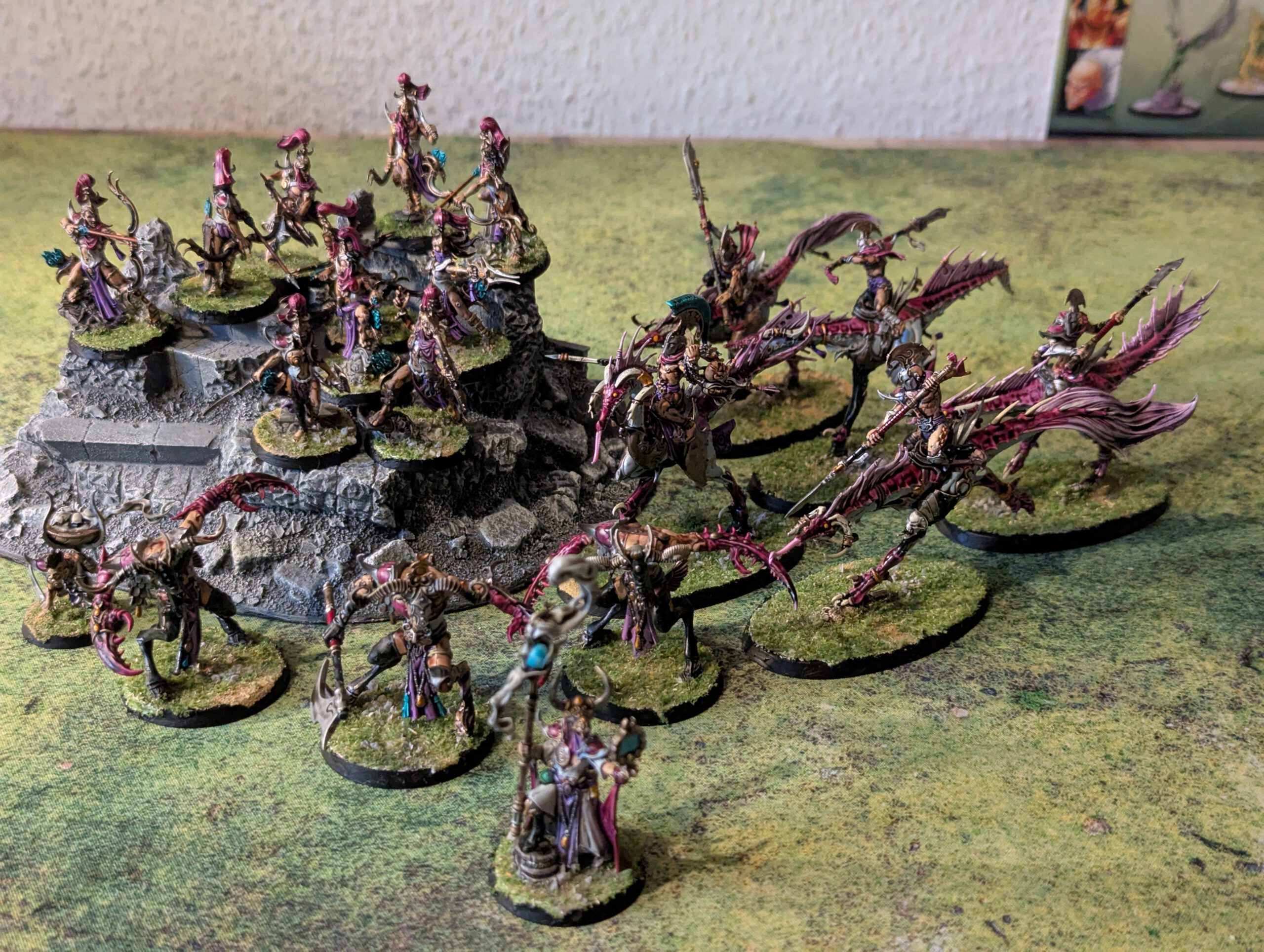 All painted Hedonites of Slaanesh models displayed together in a full spearhead shot, viewed from a top-front angle.