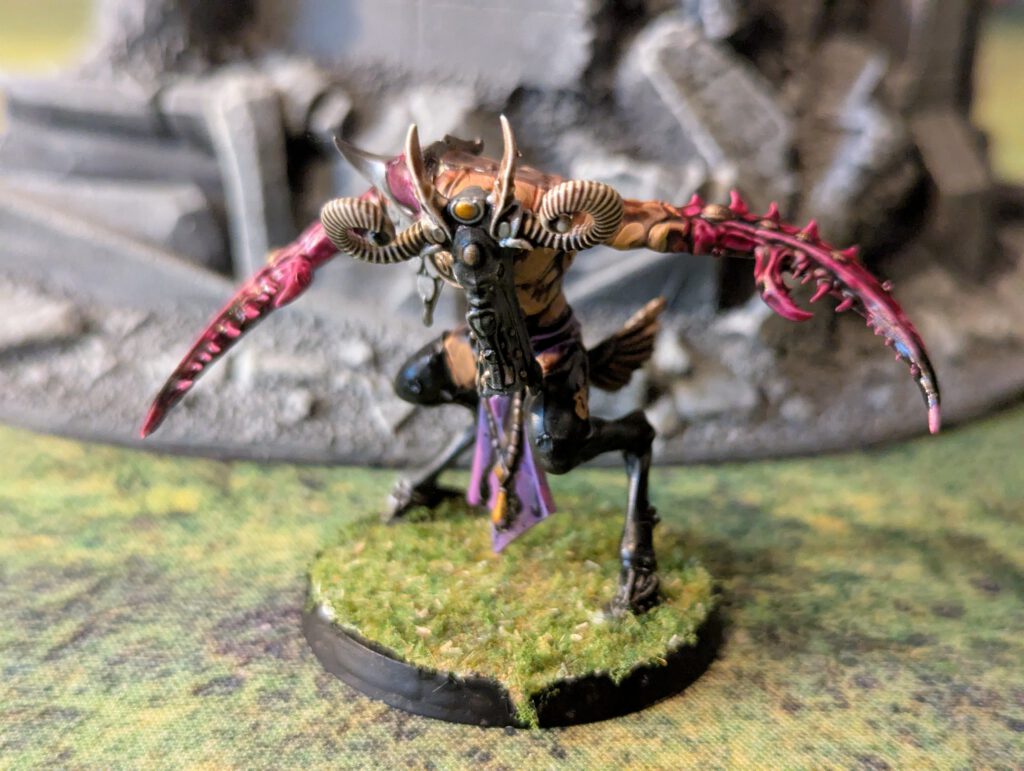 Painted Slaangor mid-stride with twin claws, viewed from front angle.