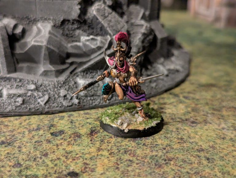Painted Blissbarb Archer in dynamic stance, top-front perspective.