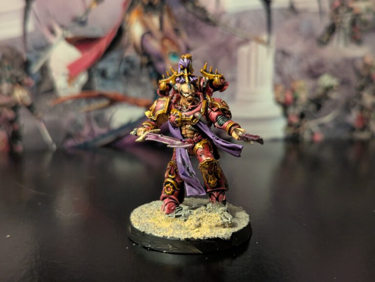 Painted Flawless Blade warrior with dueling swords, viewed from a front angle.