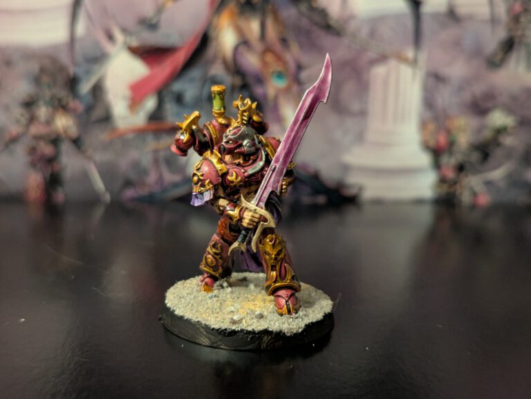 Painted Flawless Blade mid-stride with dual blades raised, top-front view.