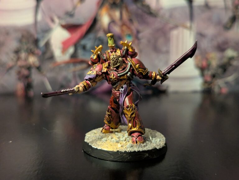 Painted Flawless Blade with ornate helmed head and swords crossed, viewed from front angle.