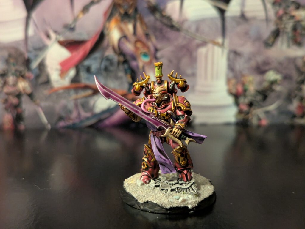 Painted Flawless Blade warrior in aggressive stance with twin swords ready, front angle.