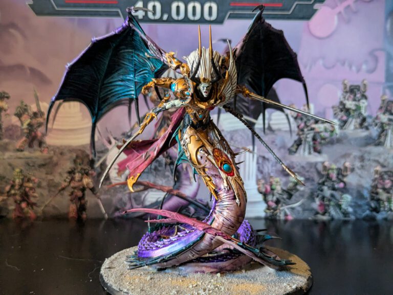 Painted Fulgrim, Primarch of the Emperor’s Children, viewed from a direct front angle with full armor details visible.