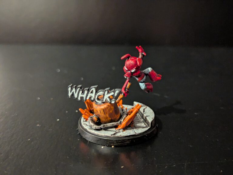 Painted Spider-Ham miniature from Marvel Crisis Protocol, shown from a top-front angle capturing the cartoon-inspired sculpt and base.