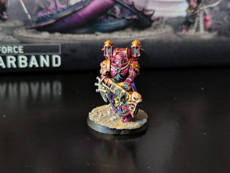 Painted Noise Marine in dynamic firing pose with ornate Slaanesh armor, front angle.