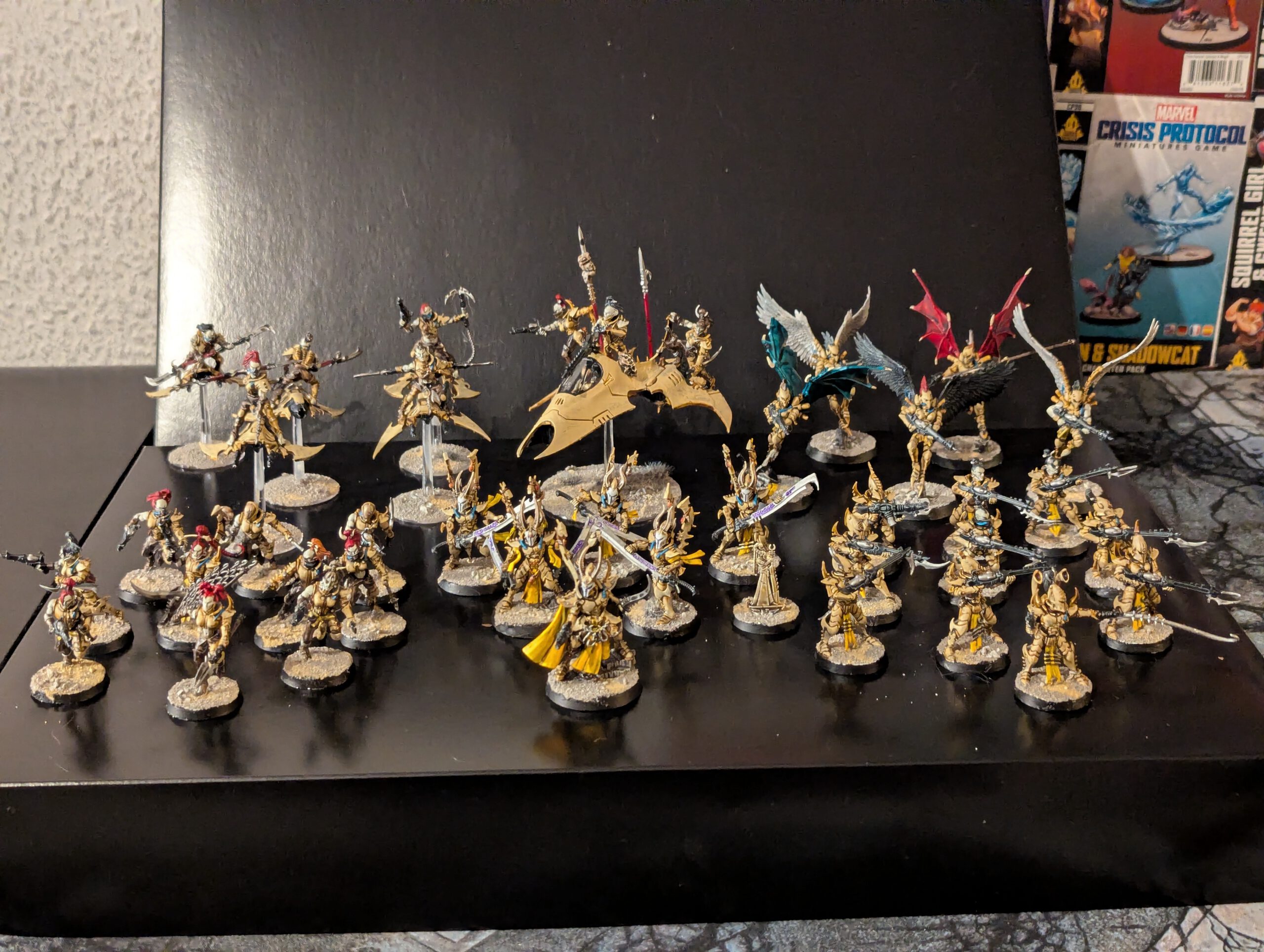 Painted Drukhari Realspace Raiders battleforce showing all miniatures together from a top-front angle.