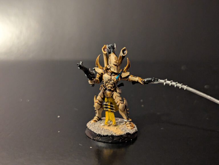 Painted Kabalite Warrior with whip, viewed from a slightly elevated front angle.