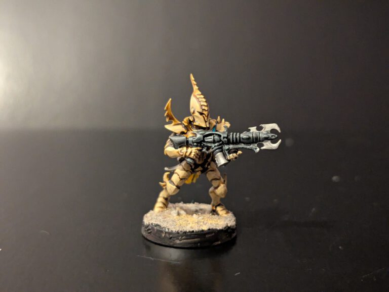 Painted Kabalite Warrior in advancing pose with splinter rifle, viewed from a front angle.