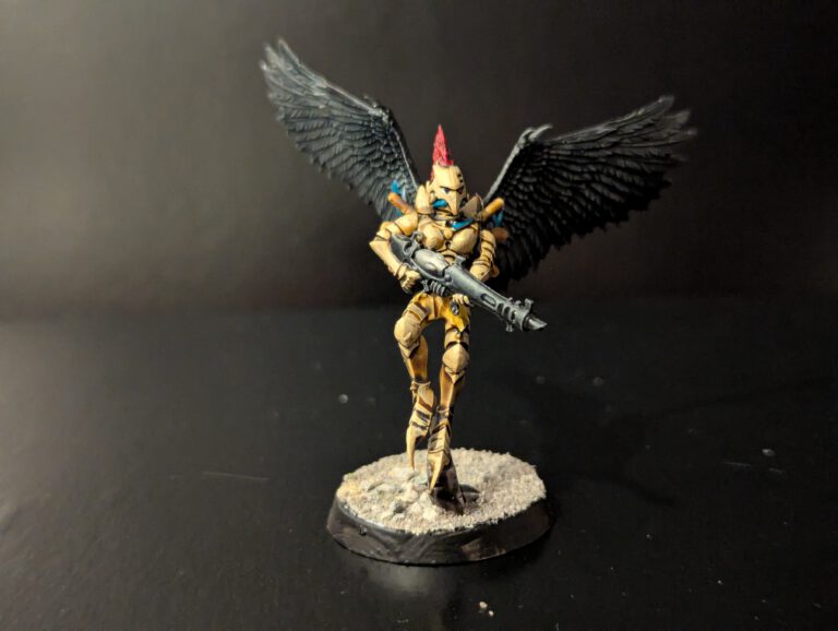 Painted Scourge with dynamic airborne pose, viewed from a slightly elevated front angle.