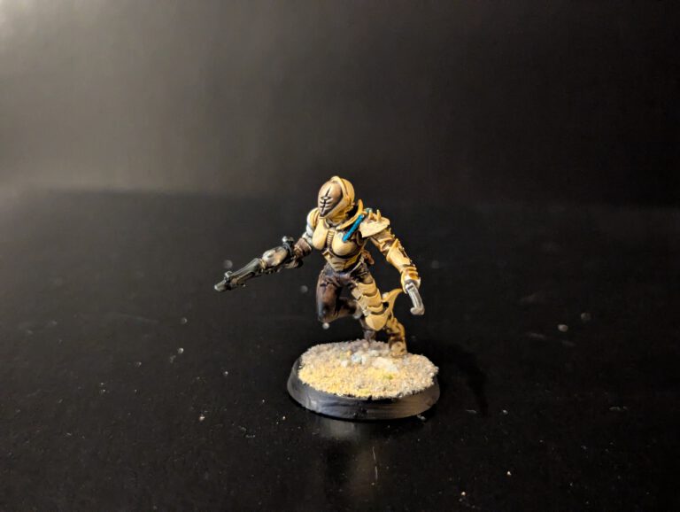 Painted Wych mid-lunge with melee weapons, viewed from a top-front angle.