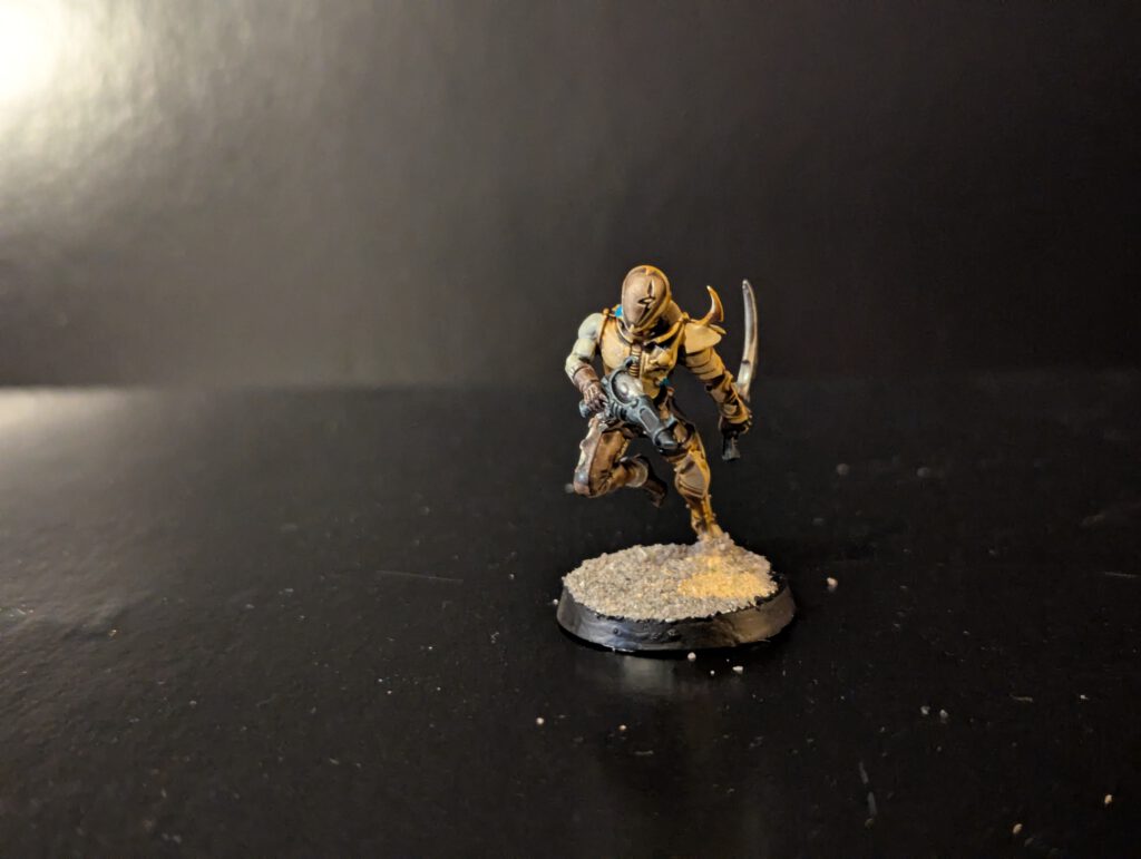 Painted Wych in agile stance with weapons raised, viewed from a top-front angle.
