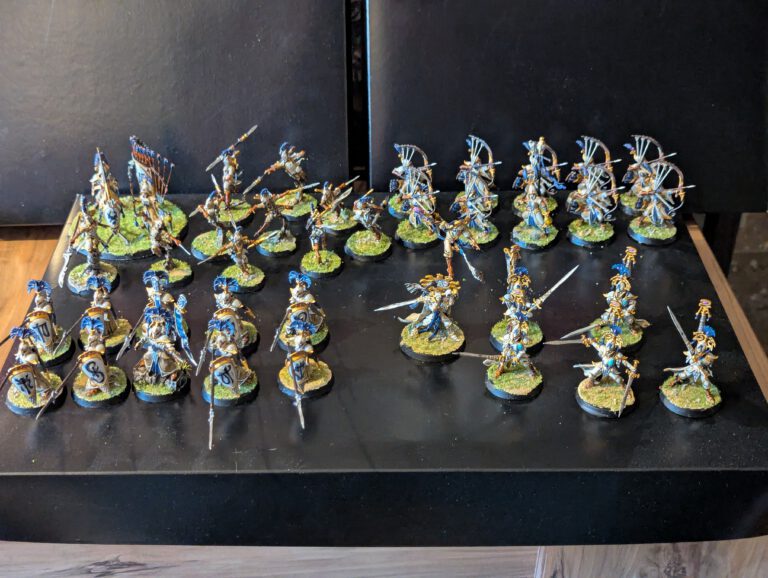 Battleforce Fully Painted The entire Lumineth Realm-lords Iliathan Warhost Battleforce including Lyrior Uthralle, Wardens, Bladelords, Ballista, and Riverblades.