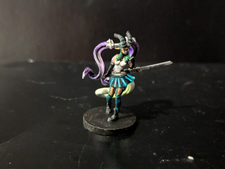 Fully painted Nightingale Arsen hero figure, showcasing her blue and white outfit and katana.