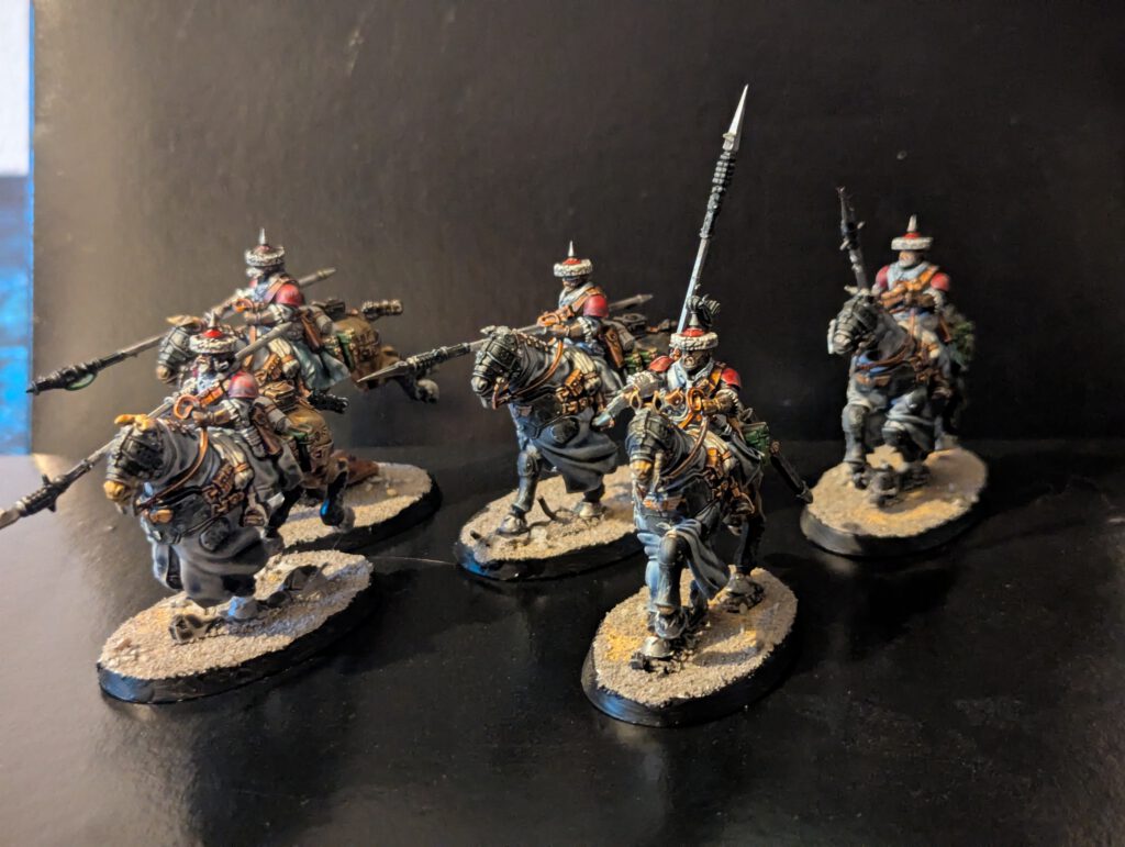 A second squad of five horse-mounted Rough Riders, showcasing distinct fur textures and uniform colors.