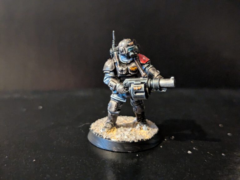 Dynamic Kasrkin miniature captured showcasing grenade launcher