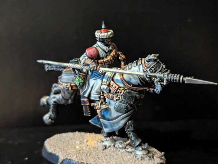 Dynamic shot of an Attilan cavalryman leaning into a gallop with a hunting lance pointed forward.