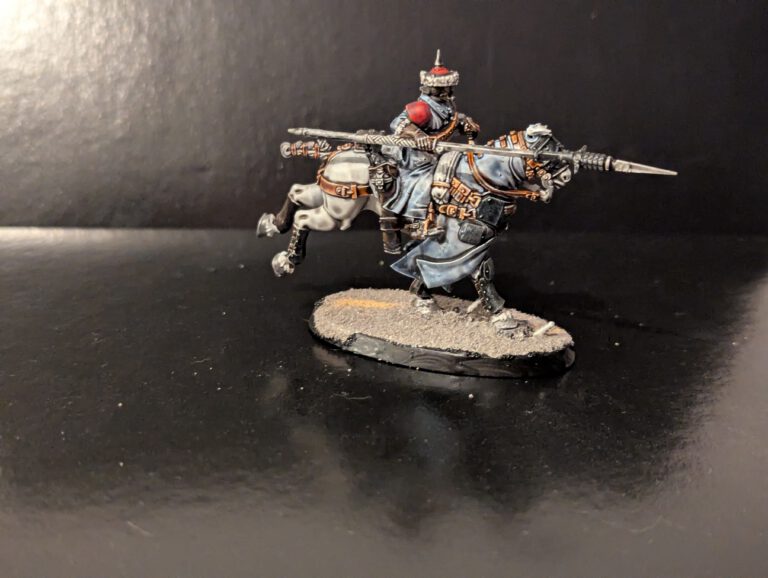 Painted Rough Rider trooper mounted on a striking white horse, showcasing smooth white fur shading.