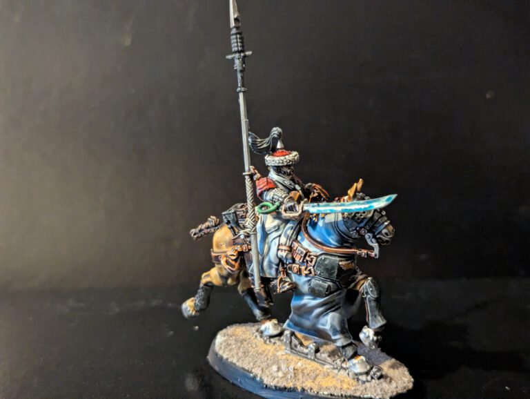 Attilan Rough Rider Sergeant holding a power saber high on a beautifully blended brown horse mount.