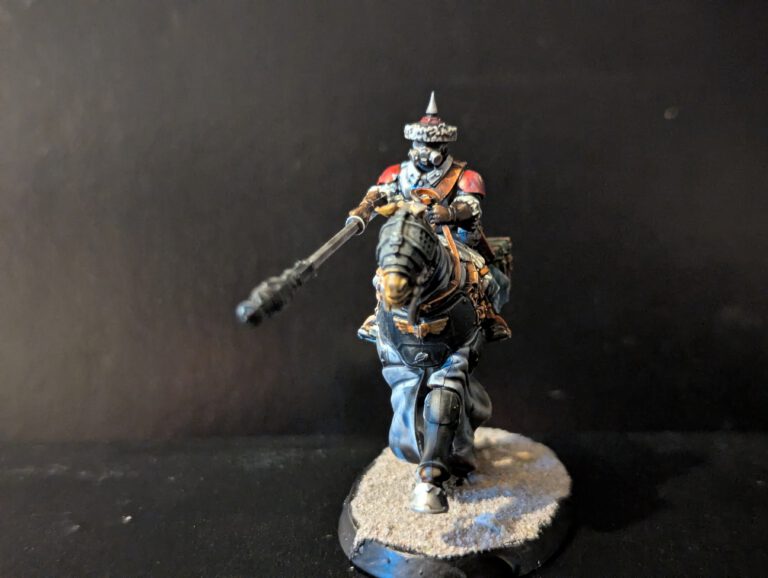 Mounted Imperial Guard trooper wielding an explosive goad lance from a front view
