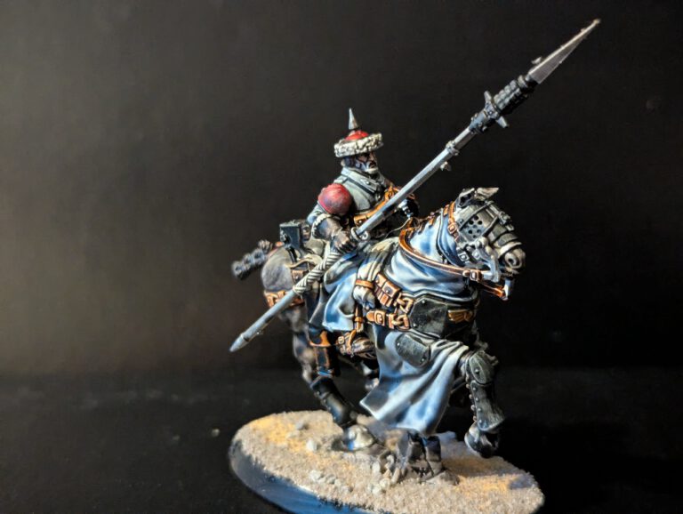 Imperial Guard cavalry trooper on a dark black horse mount, featuring high-contrast leather webbing.
